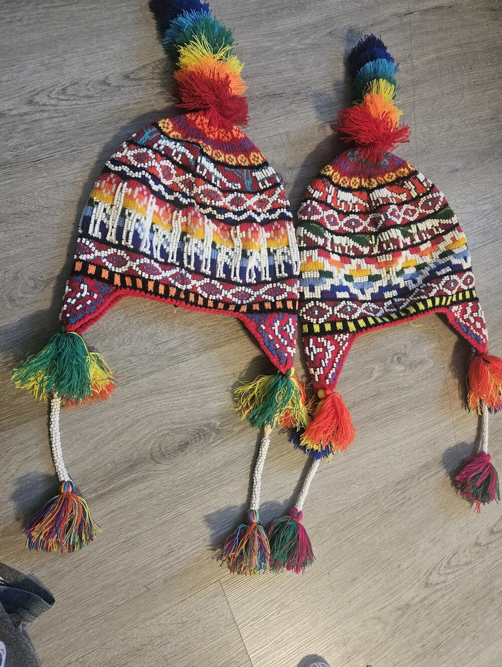 Rainbow Alpaca Beaded Knitted Beanie With Tassles Set Of 2